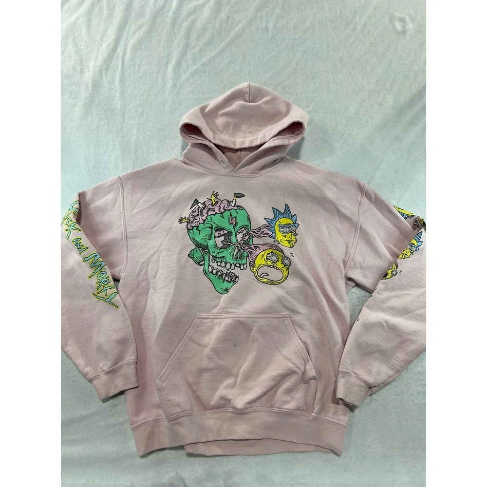 Rick and Morty Adult Swim Pink Graphic Hoodie Skull Sleeve Print Mens Medium